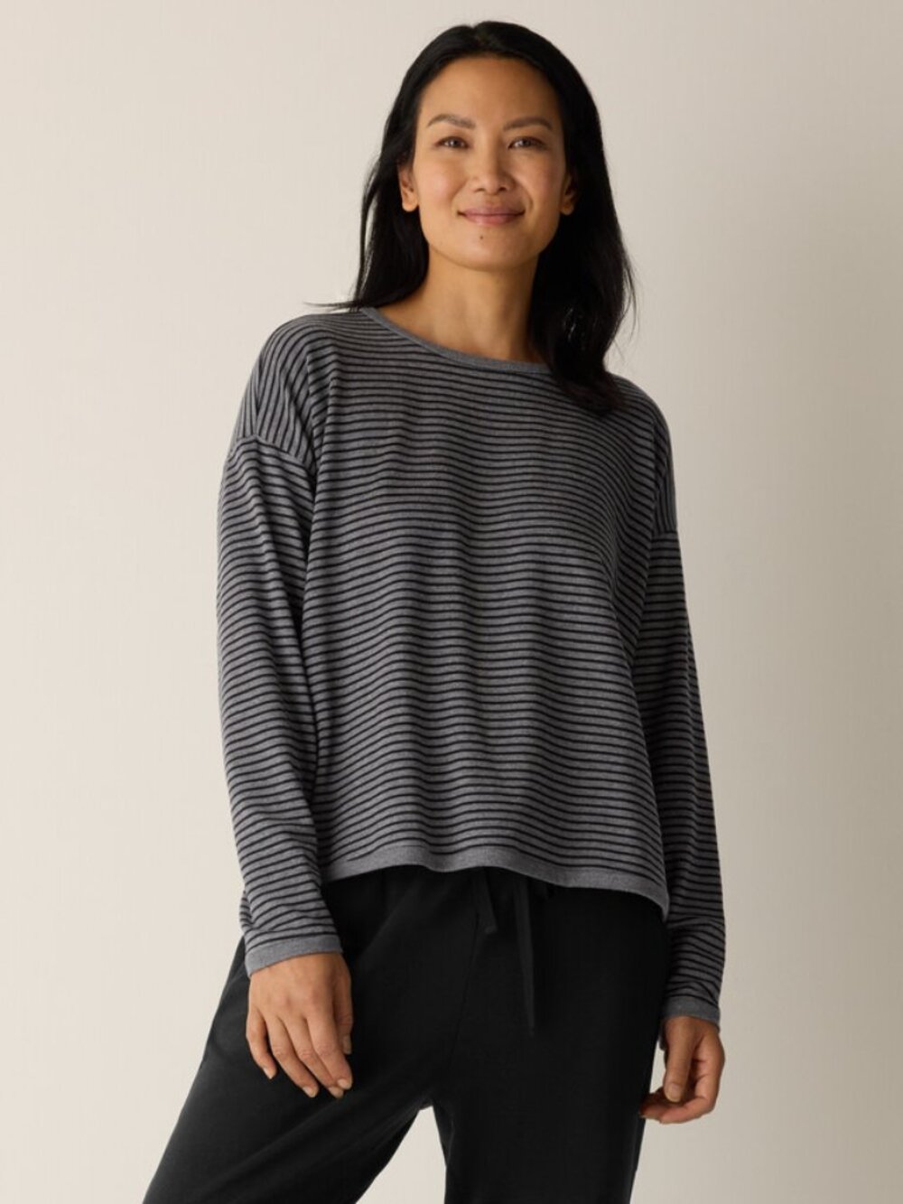 NWT Eileen Fisher Striped Cozy Brushed Terry Round Neck Cropped Box-Top